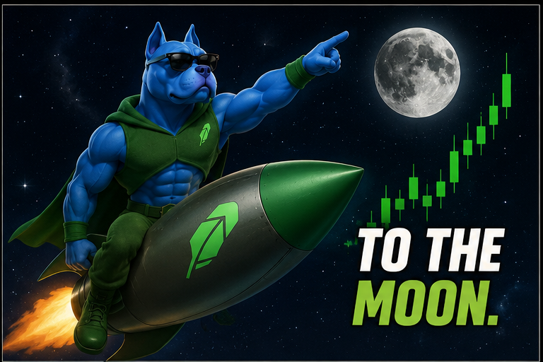 Robinhood-style bull riding a rocket toward the moon